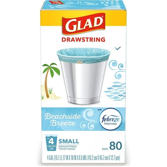Glad OdorShield Small Drawstring Trash Bags, Beachside Breeze, 80 Count
