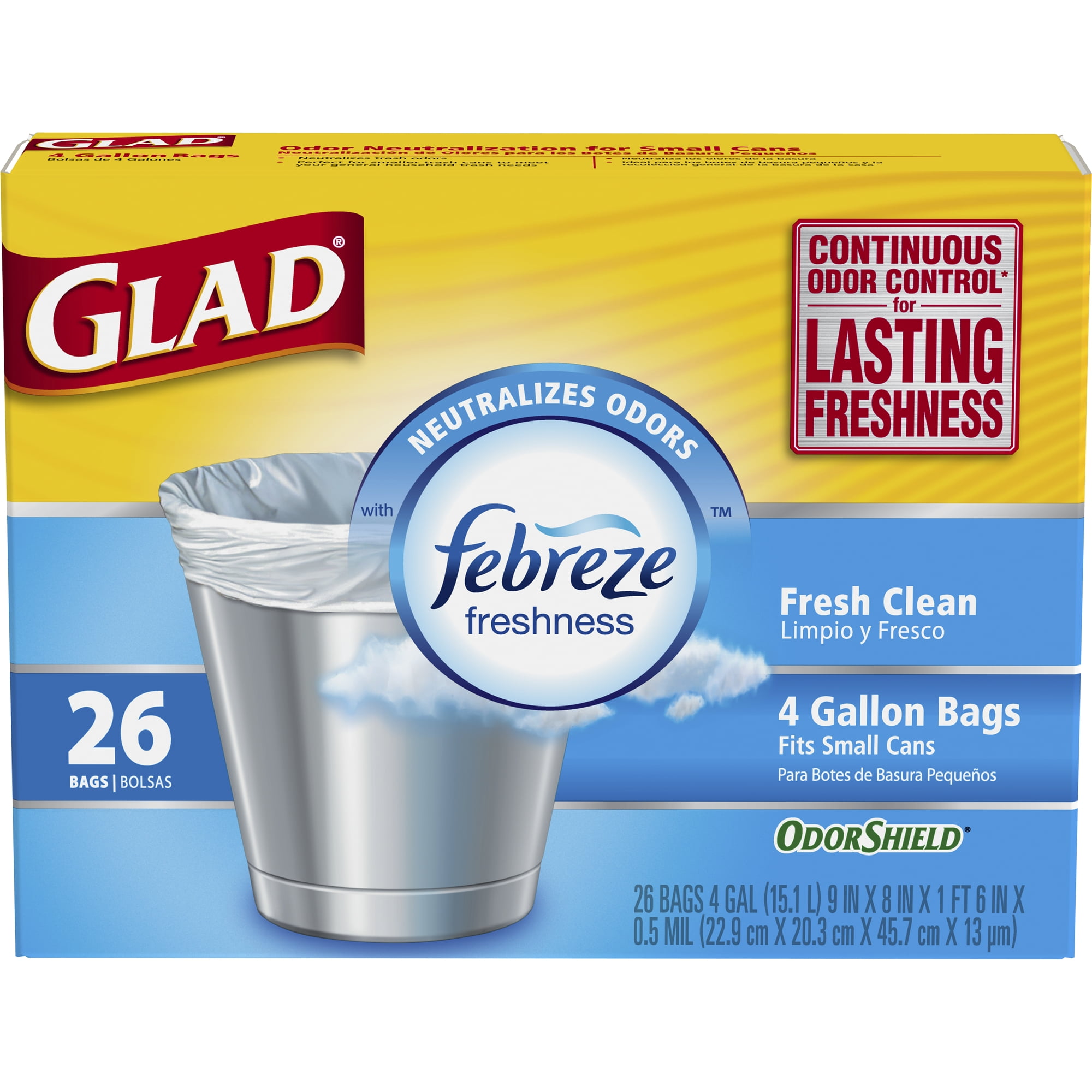 Glad OdorShield Small Trash Bags - Febreze Fresh Clean - 4 gal - 26 ct