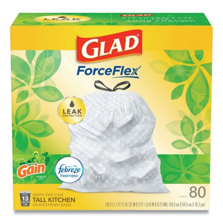 Glad OdorShield Tall Kitchen Drawstring Bags, 13 gal, 0.95 mil, 24" x 27.38", White, 80 Bags/Box, 3 Boxes/Carton