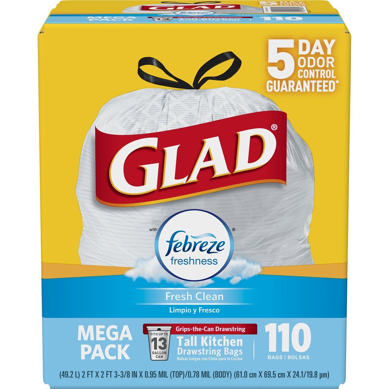 Glad Fresh Clean Scented Tall Kitchen Drawstring Trash Bags, 13 Gallon
