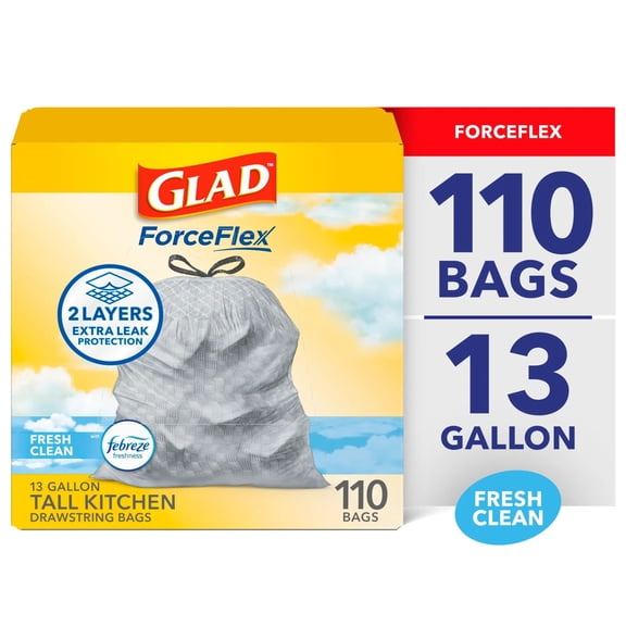 Glad ForceFlex Tall Kitchen Drawstring Trash Bags, 13 Gallon, Fresh Clean, 110 Count