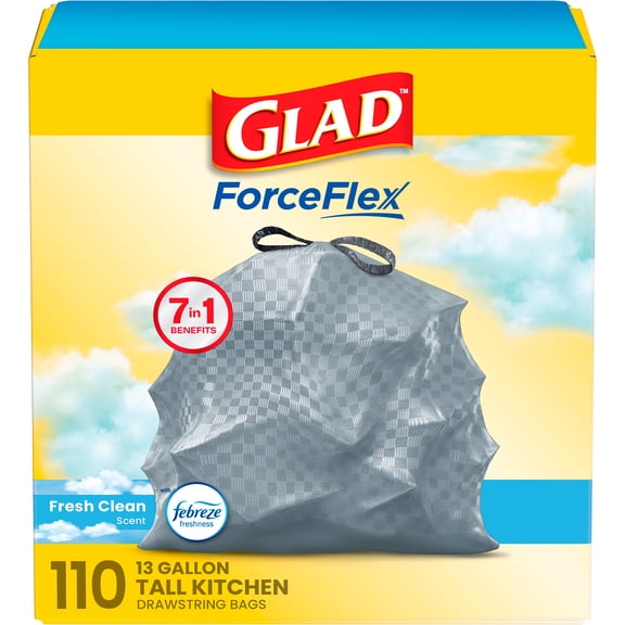 Glad ForceFlex Tall Kitchen Drawstring Trash Bags, 13 Gal, Fresh Clean Febreze, 110 Count