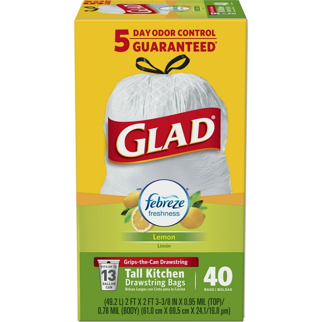 Glad OdorShield Tall Kitchen Drawstring Trash Bags Febreze Lemon