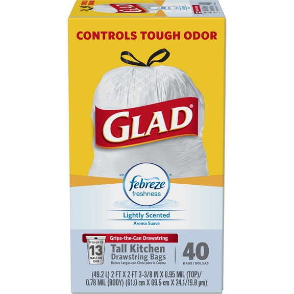 Glad OdorShield Tall Kitchen Drawstring Trash Bags - Febreze Lightly Scented - 13 Gallon - 40 ct