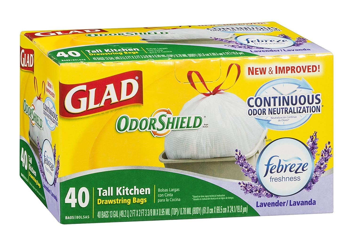 Glad 13 gal Tall Kitchen Drawstring Bags, OdorShield, Fresh Clean - 40 count
