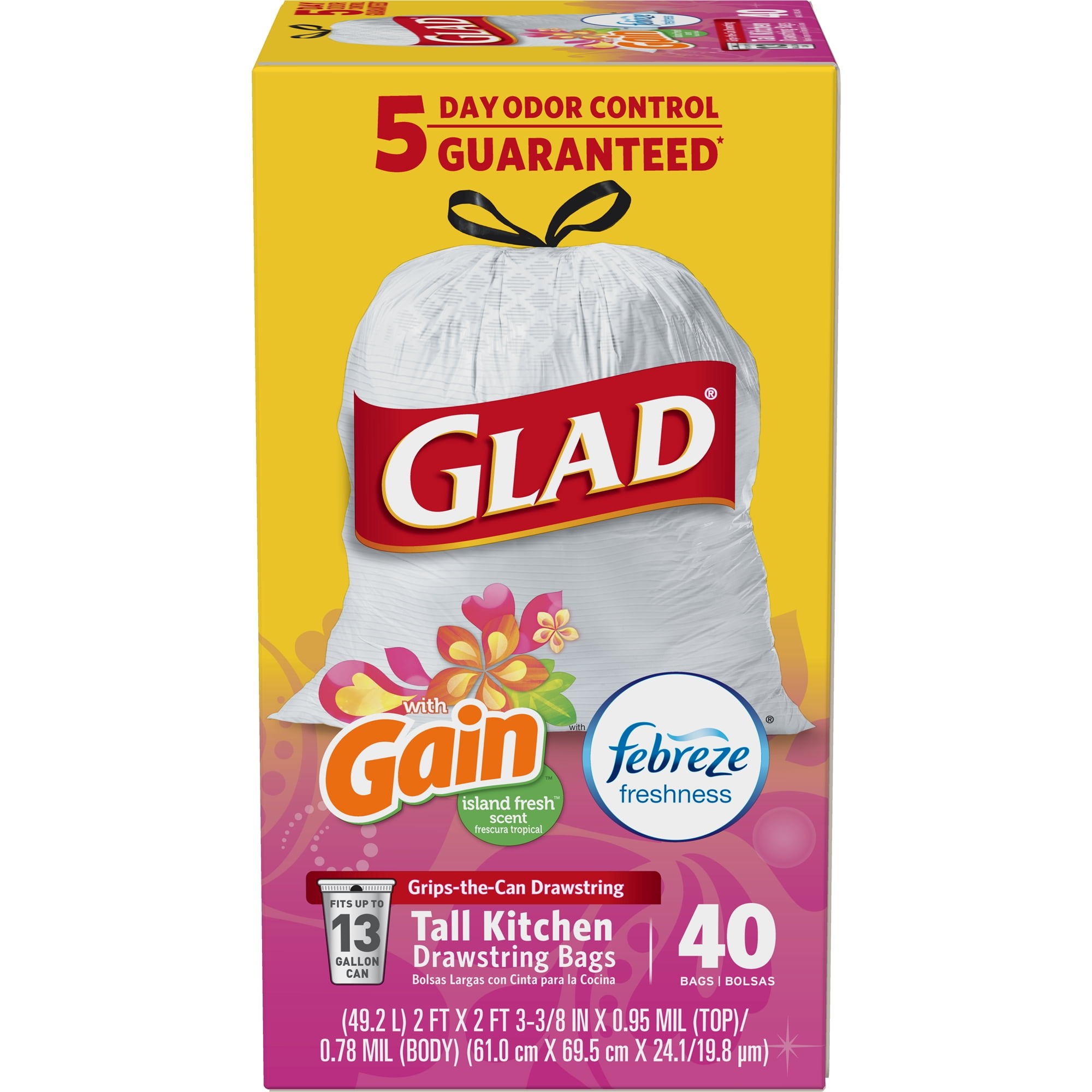 Glad OdorShield Tall Kitchen Drawstring Trash Bags - Gain Island Fresh -  13 Gallon -  40 ct