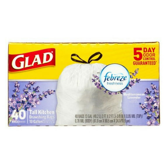 Glad OdorShield Tall Kitchen Drawstring Trash Bags Mediterranean Lavender, 13 Gallon - 40 Ea (Pack of 10)
