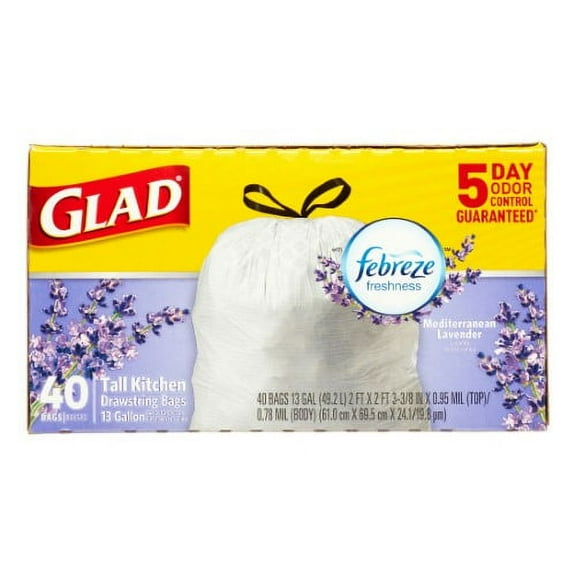 Glad OdorShield Tall Kitchen Drawstring Trash Bags Mediterranean Lavender, 13 Gallon - 40 Ea