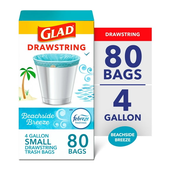 Glad 4-Gallon Small Scented Drawstring Trash Bags, Beachside Breeze With Febreze Freshness, 80 Scented Bags