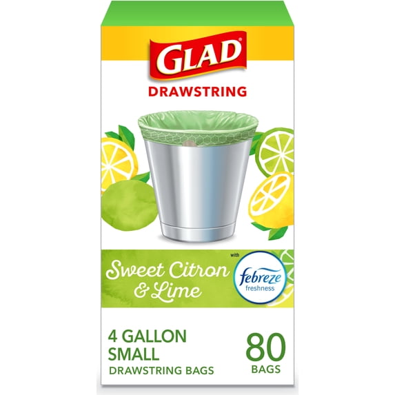 Glad 4-Gallon Small Scented Drawstring Trash Bags, Sweet Citron and Lime With Febreze Freshness, 80 Scented Bags