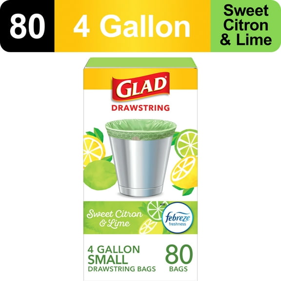 Glad 4-Gallon Small Scented Drawstring Trash Bags, Sweet Citron and Lime With Febreze Freshness, 80 Scented Bags