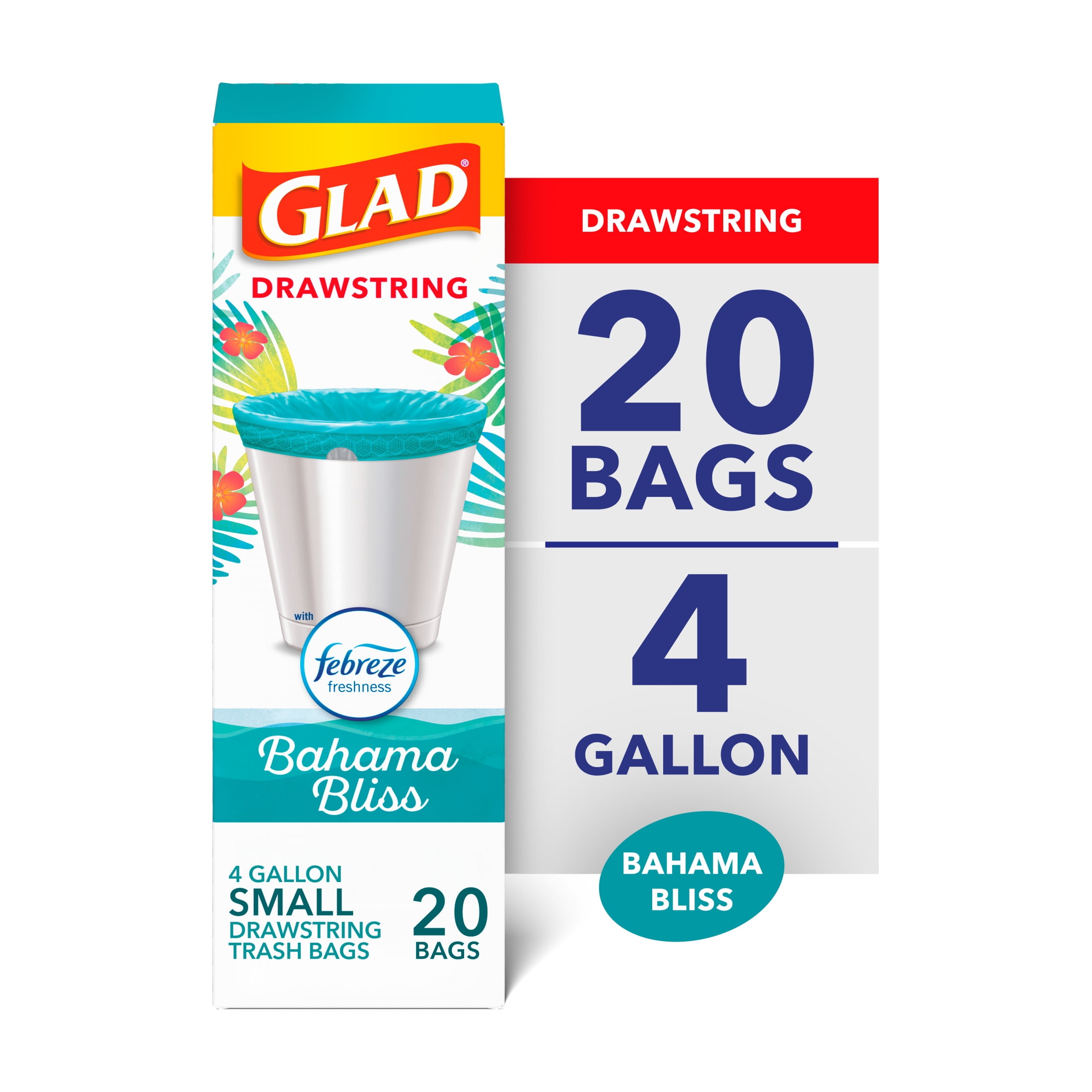 Glad Small Drawstring Trash Bags, 4 Gallon, Teal, Febreze Bahama