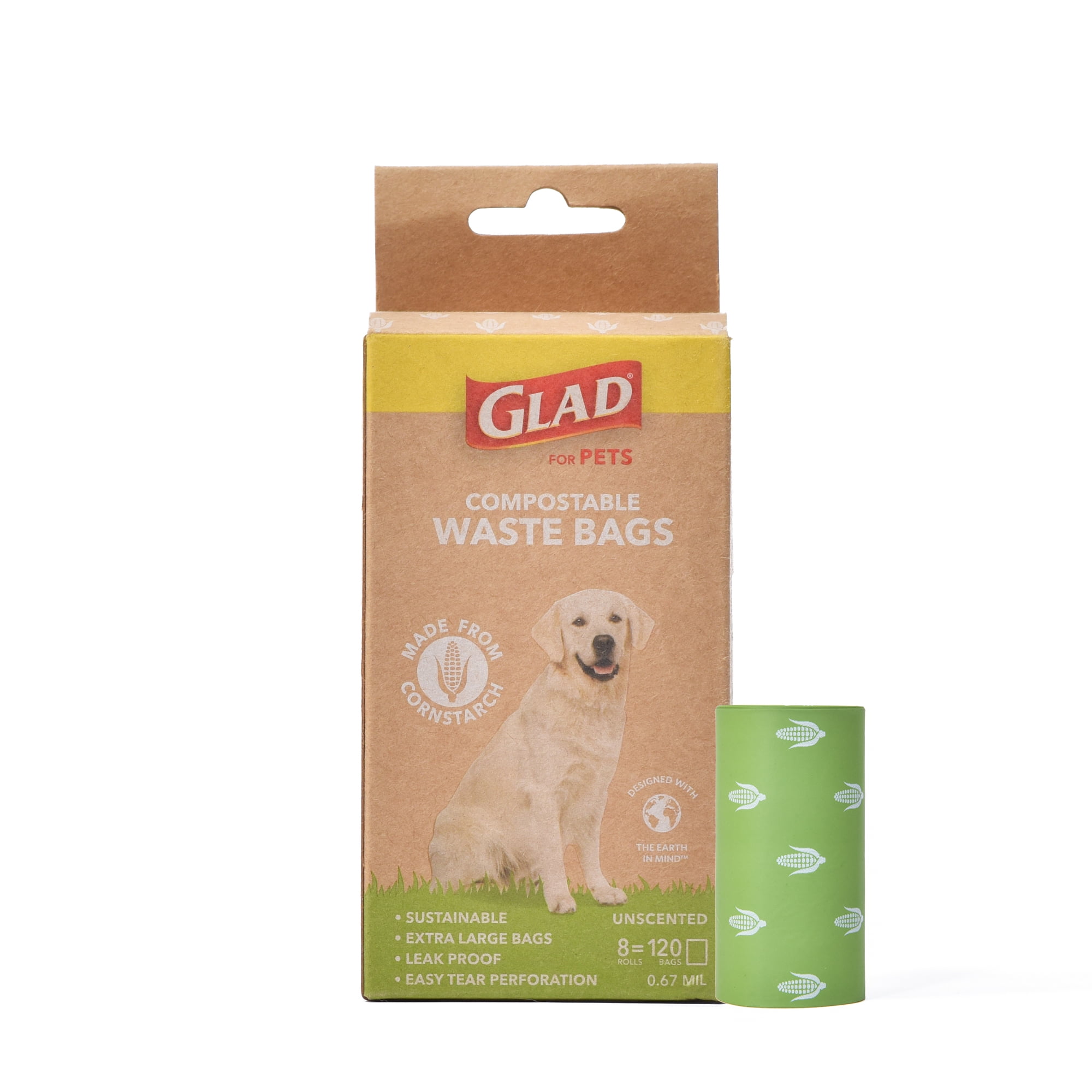 Glad for Pets Compostable Waste Bags, Extra Large Size, 120 Count | Sustainable Dog Waste Bags Made from Cornstarch, Certified At-Home and Industrially Compostable Poop Bags