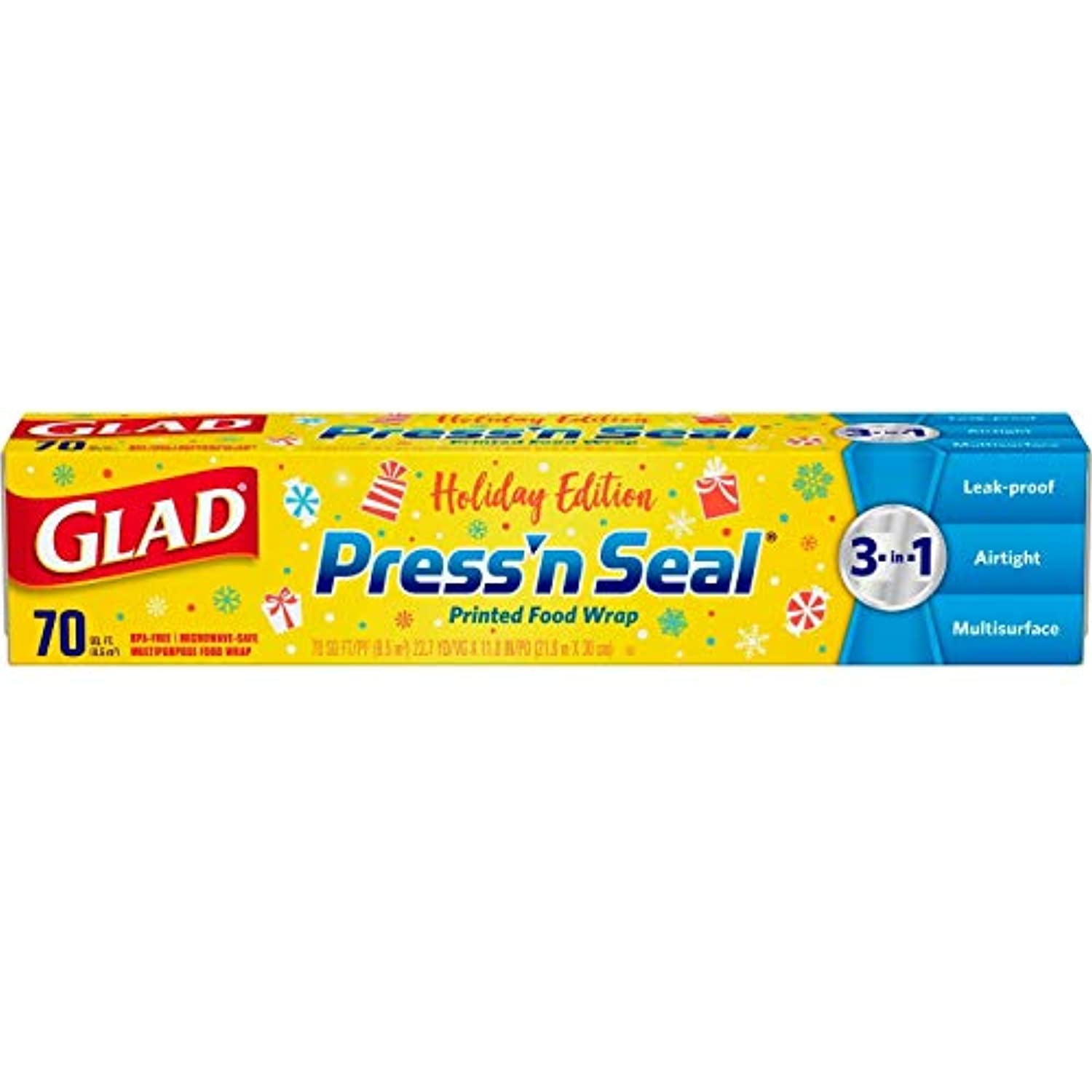 GLAD プレスアンドシール　クリスマス柄 Glad Press'n Seal Printed Food Wrap, Holiday Edition, 70 Sq Ft