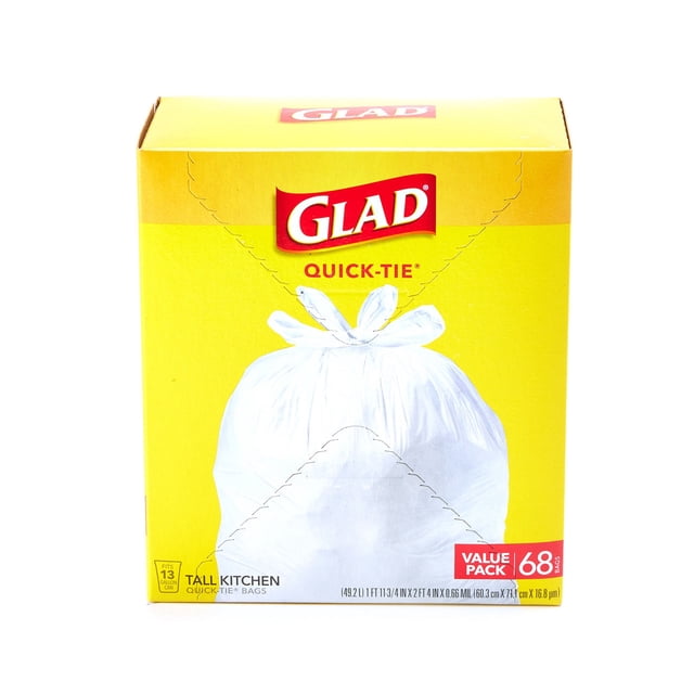 Glad QuickTie 13Gallon Tall Kitchen Trash Bags, 68Count