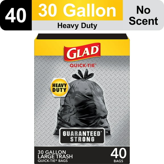 Glad 30-Gallon Quick Tie Extra Strong Heavy Duty Large Trash Bags, 40 Bags