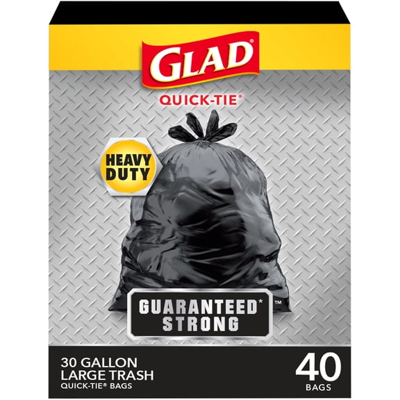 Glad 30-Gallon Quick Tie Extra Strong Heavy Duty Large Trash Bags, 40 Bags