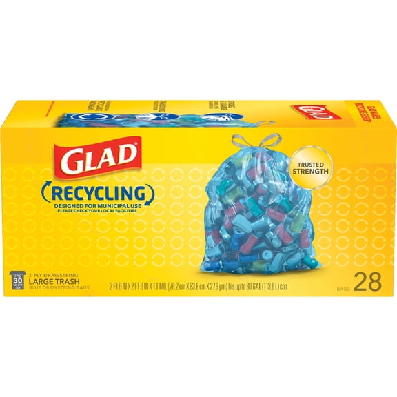 Glad Rcycle Bag Large Recycling Bags Drawstring Unscented - 28 Count, 30 Gallon Size