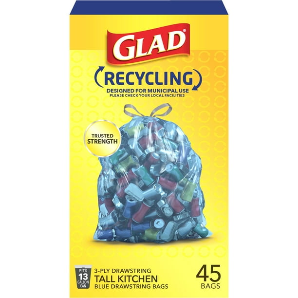 Glad Recycling 13 Gallon Blue Drawstring Tall Kitchen Trash Bag, 45