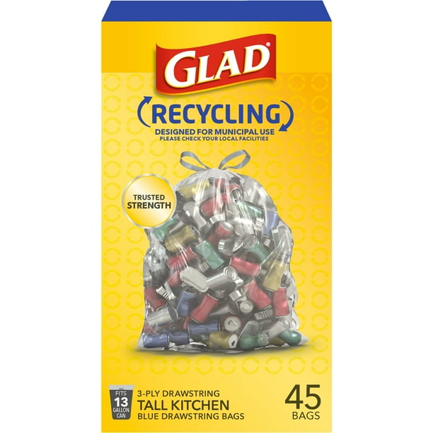 Glad Recycling Tall Drawstring Kitchen Trash Bags, Clear, 13 Gallon, 45