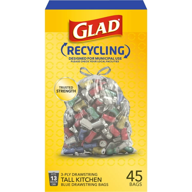 Glad Recycling Tall Drawstring Kitchen Trash Bags, Clear, 13 Gallon, 45