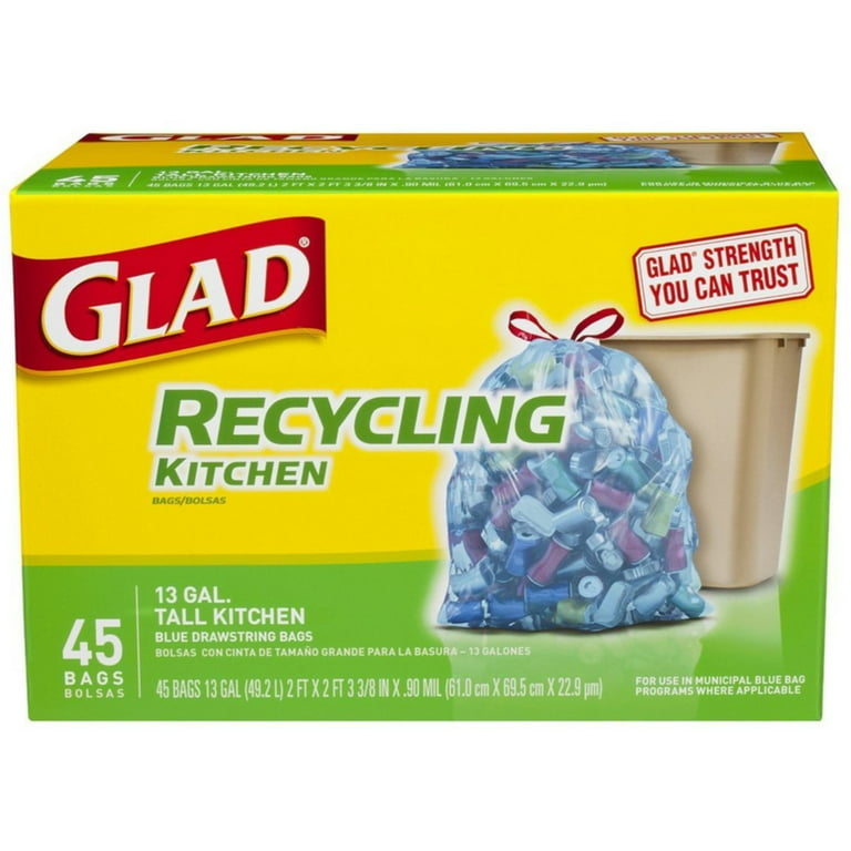 Glad Recycling Tall Kitchen Drawstring Trash Bags, 13 Gallon, Blue 45 ea  (Pack of 3) 