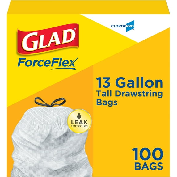 Glad Reinforced Strength Tall Kitchen Drawstring Trash Bags, 13 Gallon, 100 Bags