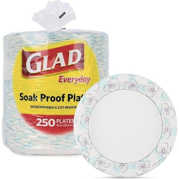 Glad Round Disposable Paper Plates for All Occasions Soak Proof, Cut Proof, Microwaveable Heavy Duty Disposable Plates 10" Diameter, 250 Count Bulk Paper Plates Blue