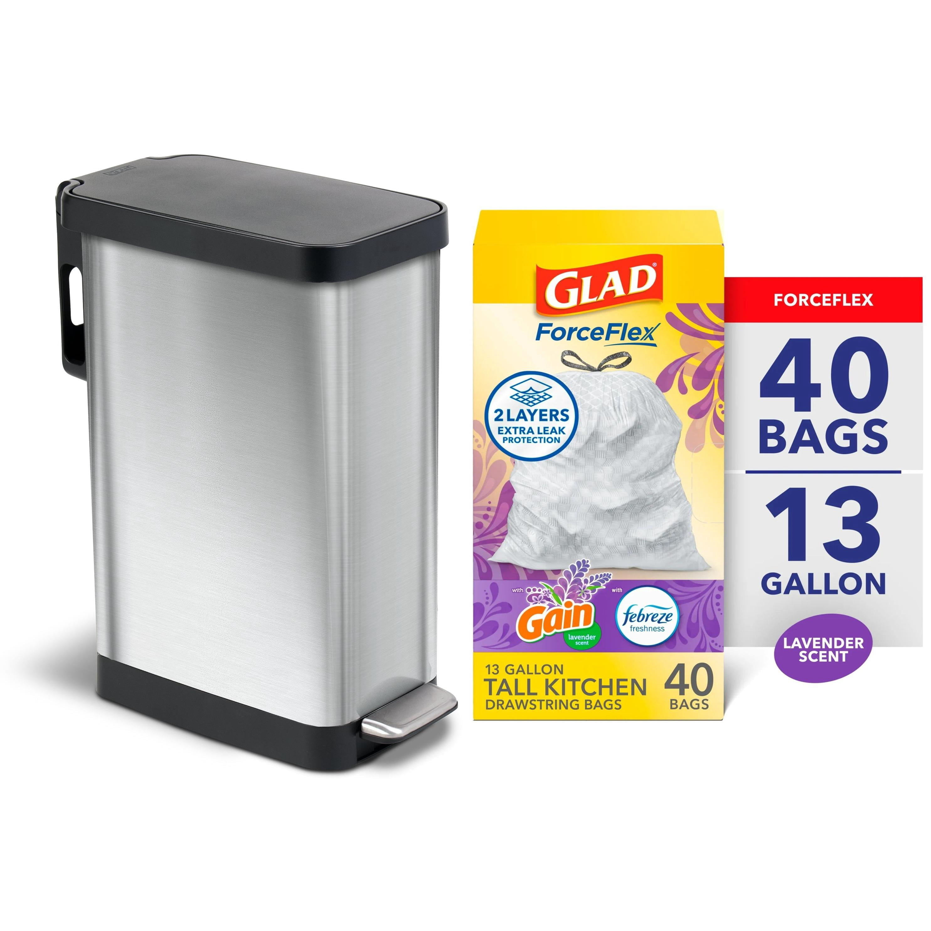 Glad Slim 12 Gallon Stainless Trash Can + Glad ForceFlex Trash Bags, Glad with Gain, 40 Ct