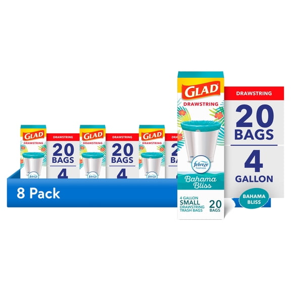 (8 pack) Glad Small Drawstring Trash Bags, 4 Gallon, Teal, Febreze Bahama Bliss, 20 Count