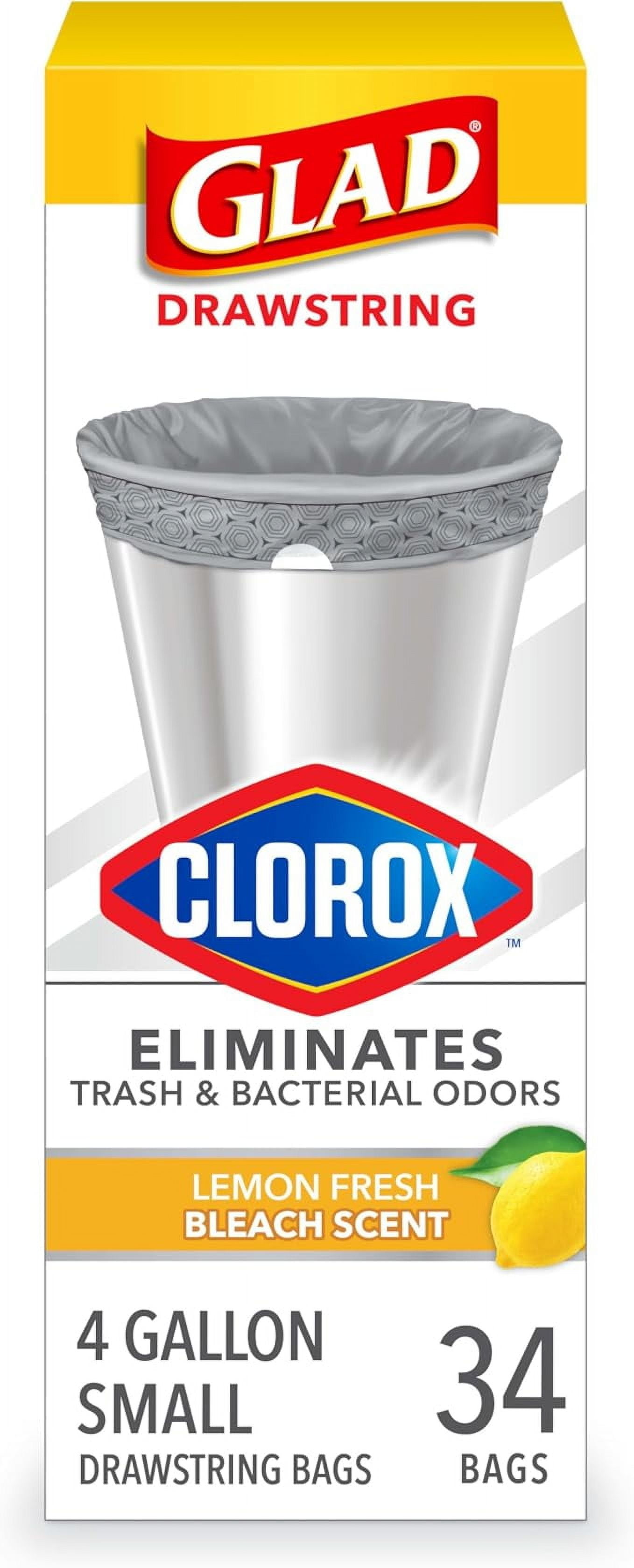 Glad Small Drawstring Trash Bags with Clorox, 4 Gal, Lemon Fresh Bleach, 34 Ct (Package May Vary) ( Pack of 3 )