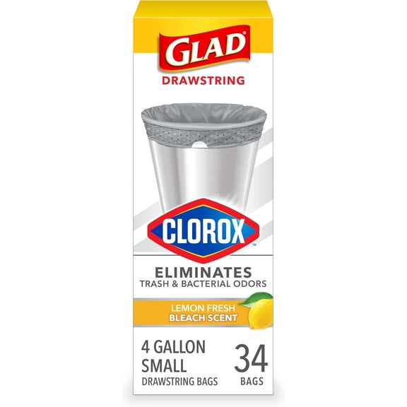 Glad Small Drawstring Trash Bags with Clorox, 4 Gal, Lemon Fresh Bleach, 34 Ct (Package May Vary) ( Pack of 3 )