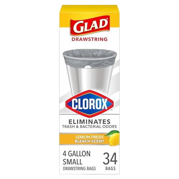 Glad Small Drawstring Trash Bags With Clorox, 4 Gallon, Lemon Fresh Bleach Scent, 34 Count