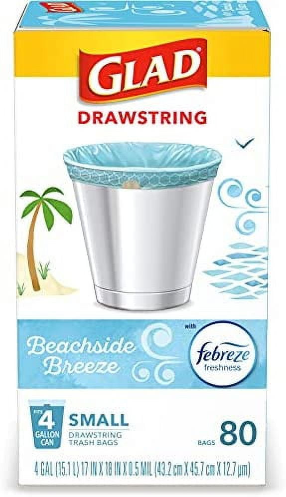 Glad Small Kitchen Drawstring Trash Bags 4 Gallon Green Trash Bag, Febreze  Beachside Breeze, 80 Count (Package May Vary) Multicolor