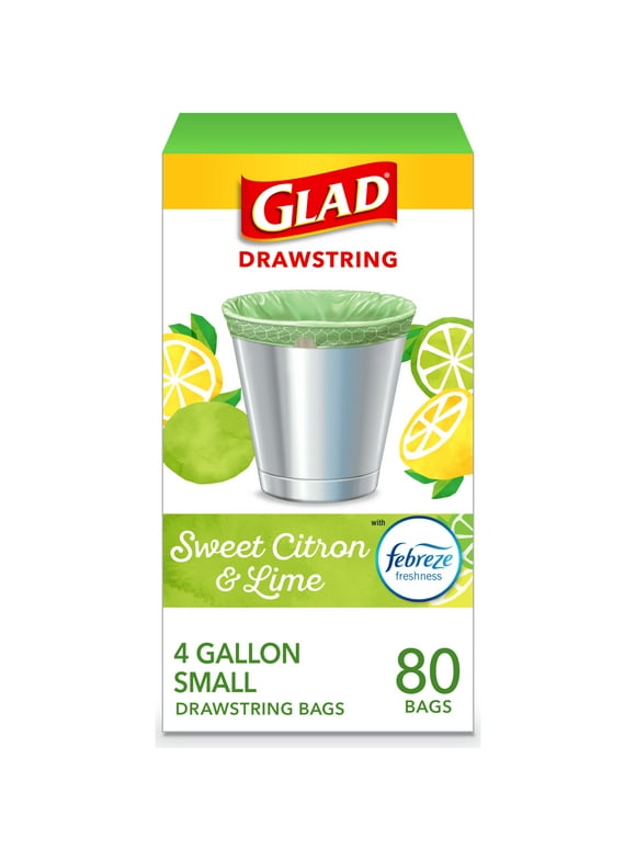 Glad Small Kitchen Drawstring Trash Bags  4 Gallon Green  Trash Bag, Febreze Sweet Citron & Lime, 80 Count