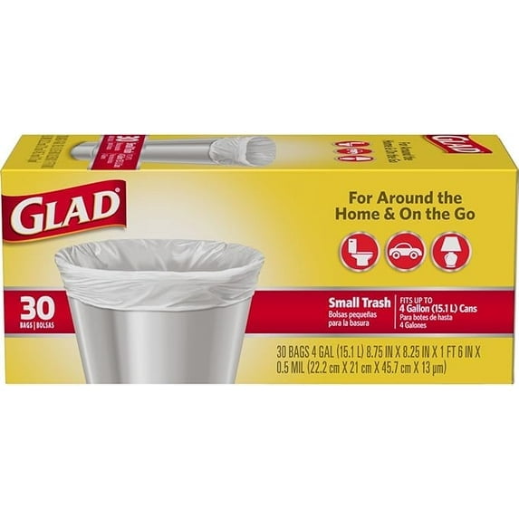 Glad Small Trash Bags  30 Count, 4 Gallon White Trash Bags | Strong Small Wastebasket Liners for Home & On-the-Go