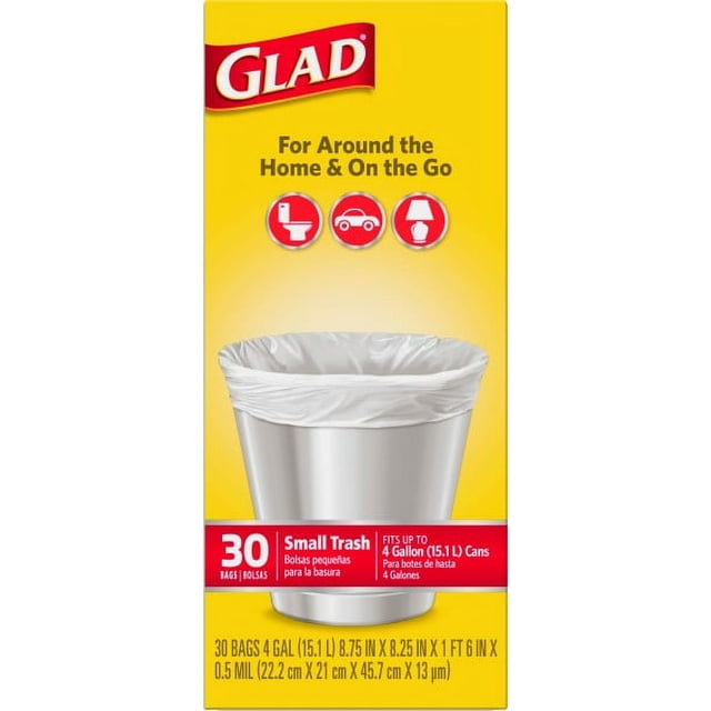 Glad 4 Gallon Plastic Wastebasket Garbage Bags, 30 Count, Twist Tie