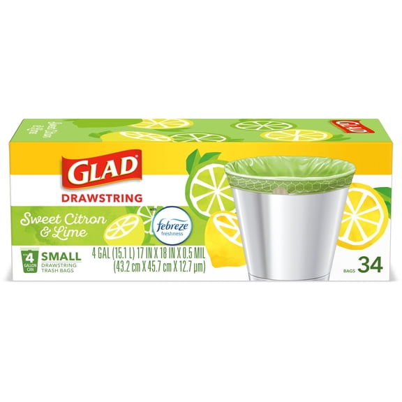 Glad Small Trash Bags, 4 Gallon, 34 Bags (OdorShield, Drawstring, Sweet Citron & Lime)