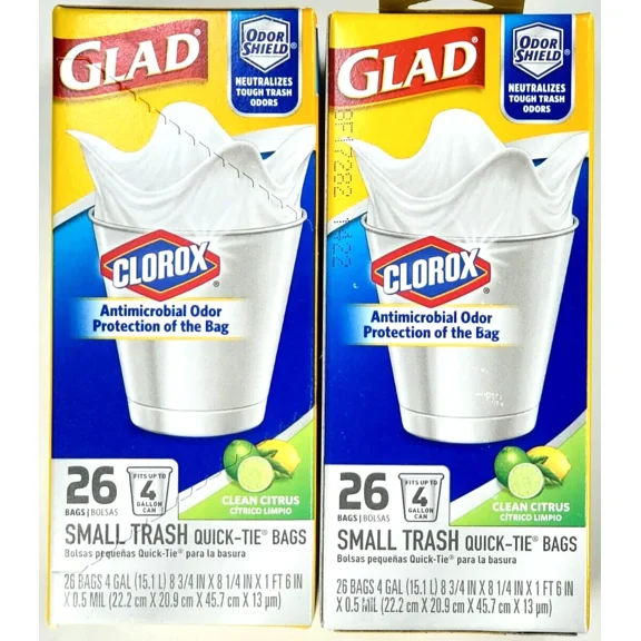 Glad Small Trash Bags Odor-Shield 2 Pack / 26 Each 4 Gal Quick-Tie, Clean Citrus