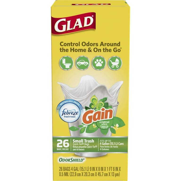 Glad Small Trash Bags OdorShield 4 gal White Trash Bag Gain Original with Febreze Freshness 26 ct