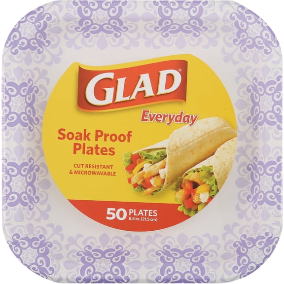Glad Disposable Paper Plates Victorian Style - Heavy Duty, Soak Proof, Microwaveable - 50 Count, 8.5", Purple
