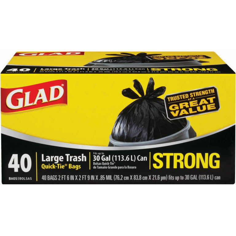 Glad Quick Tie Strong Large Trash Bags, 30 Gallon, Black 10 ea 