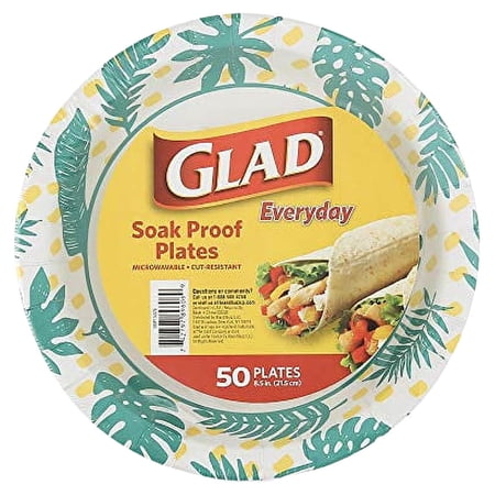 Glad Disposable Paper Plates with Palm Leaves Design, 8.5 Inch Paper Plates | Round Paper Plates for Everyday Use | Cut Proof, Soak Proof Disposable Plates from Glad, 50 Count