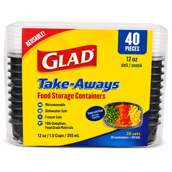 Glad Take-Aways Food Storage Containers 12 oz Deli Snack Size, 20 Sets, 40 Pieces
