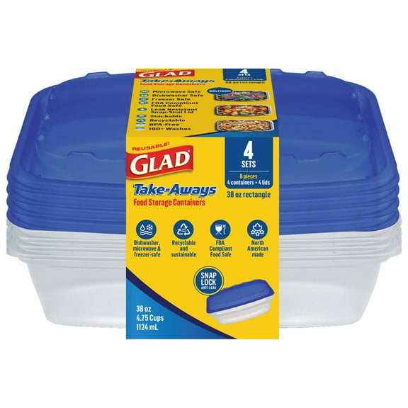 Glad Take-Aways Rectangle Food Storage Containers, 4 pk - 38 oz- Pack of 2
