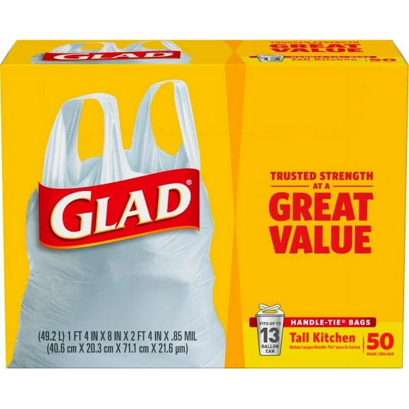 Glad Tall Handle-Tie Kitchen Trash Bags - 13 Gallon - 50 ct