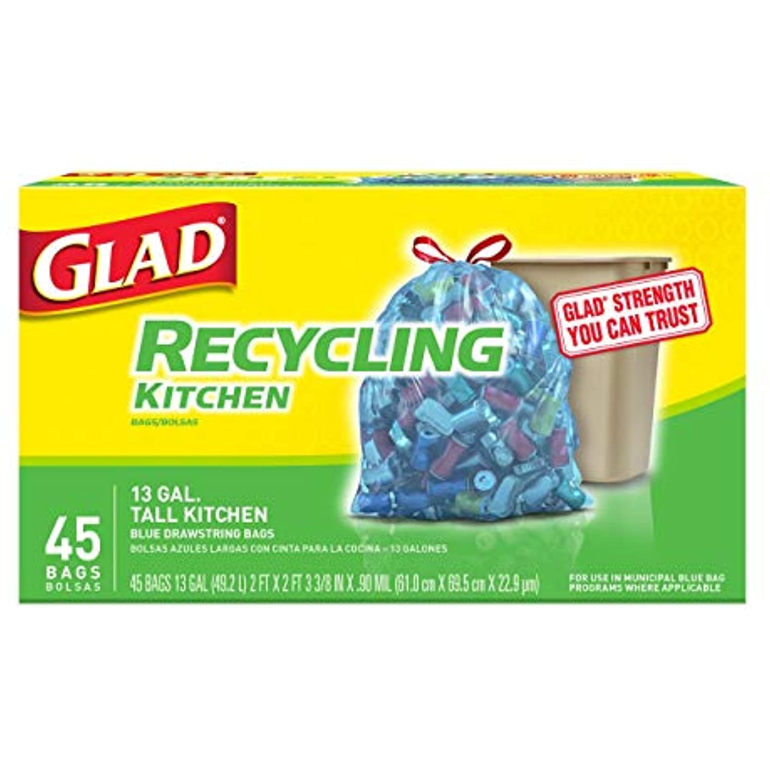 Glad Tall Kitchen Drawstring Recycling Bags 13 Gallon Blue Trash Bag