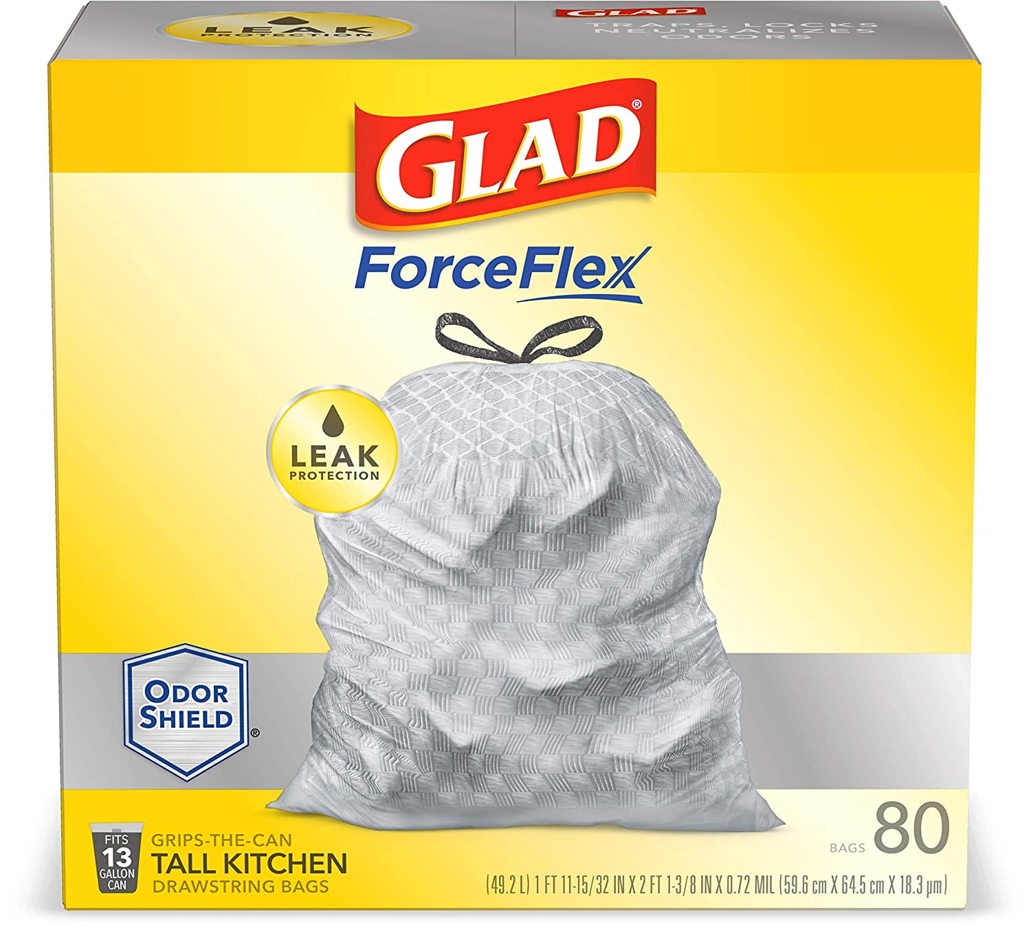 Glad Tall Kitchen Drawstring Trash Bags, Force Flex Plus, 13 Gallon, White, OdorShield, 80 Count