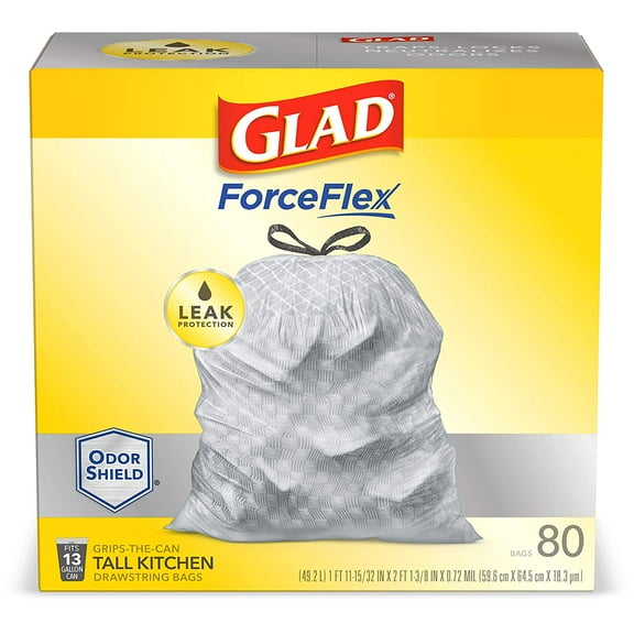 Glad Tall Kitchen Drawstring Trash Bags, Force Flex Plus, 13 Gallon, White, OdorShield, 80 Count