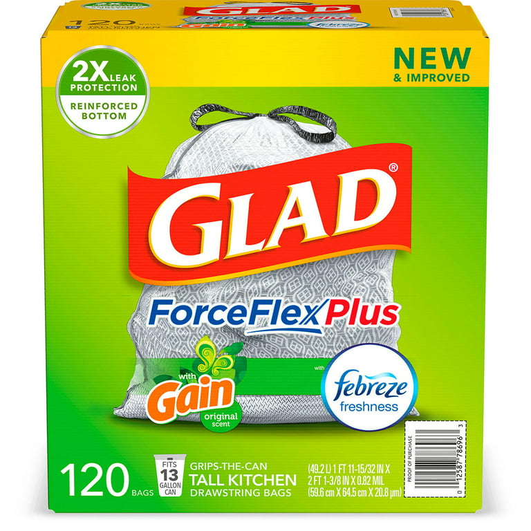 Glad ForceFlex Tall Kitchen Drawstring Trash Bags, 13 Gallon, Gain Original with Febreze 40 ct